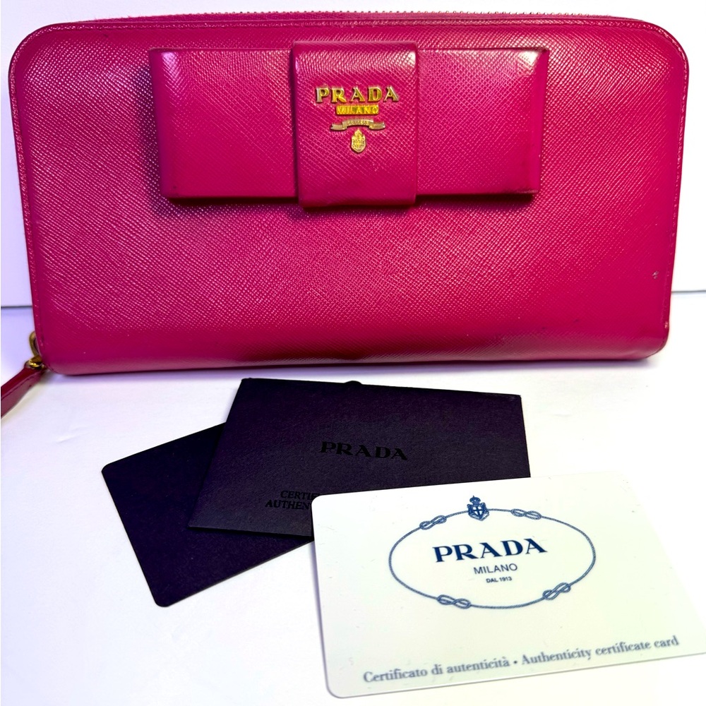 Prada Pink Saffiano Zip Around Wallet with Pink Bow